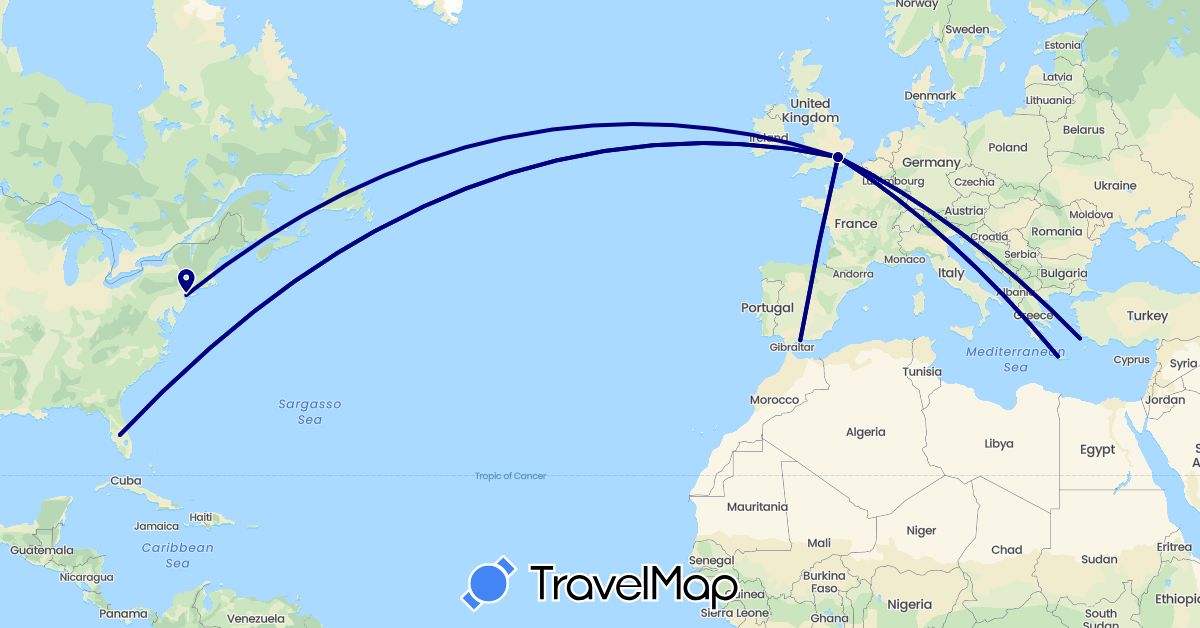TravelMap itinerary: driving in Spain, United Kingdom, Greece, United States (Europe, North America)